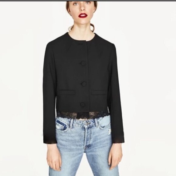 Zara Basic Collection Lace Trim Crop Blazer Black S - Picture 1 of 13